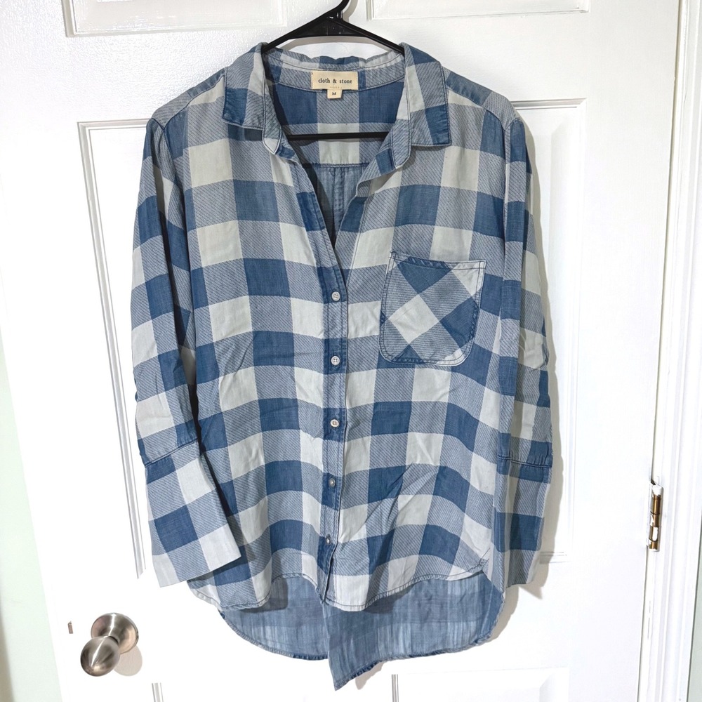Cloth & Stone Blue White Buffalo Plaid Tencel Button Down Shirt Size M C2813-785